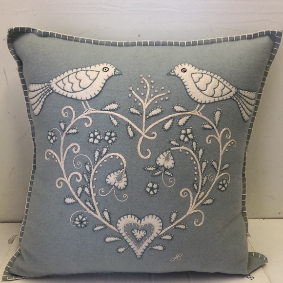Jan Constantine Hand Embroidered Heart Floral and Bird Felted Wool Pillow - Picture 1 of 3
